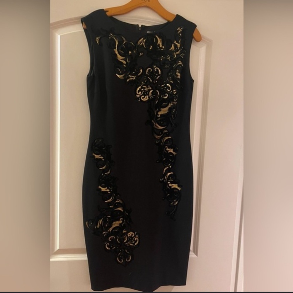New with tag Cache Luxe Black Gold Bodycon Rayon blend cocktail Dress Size 8 - Picture 1 of 2